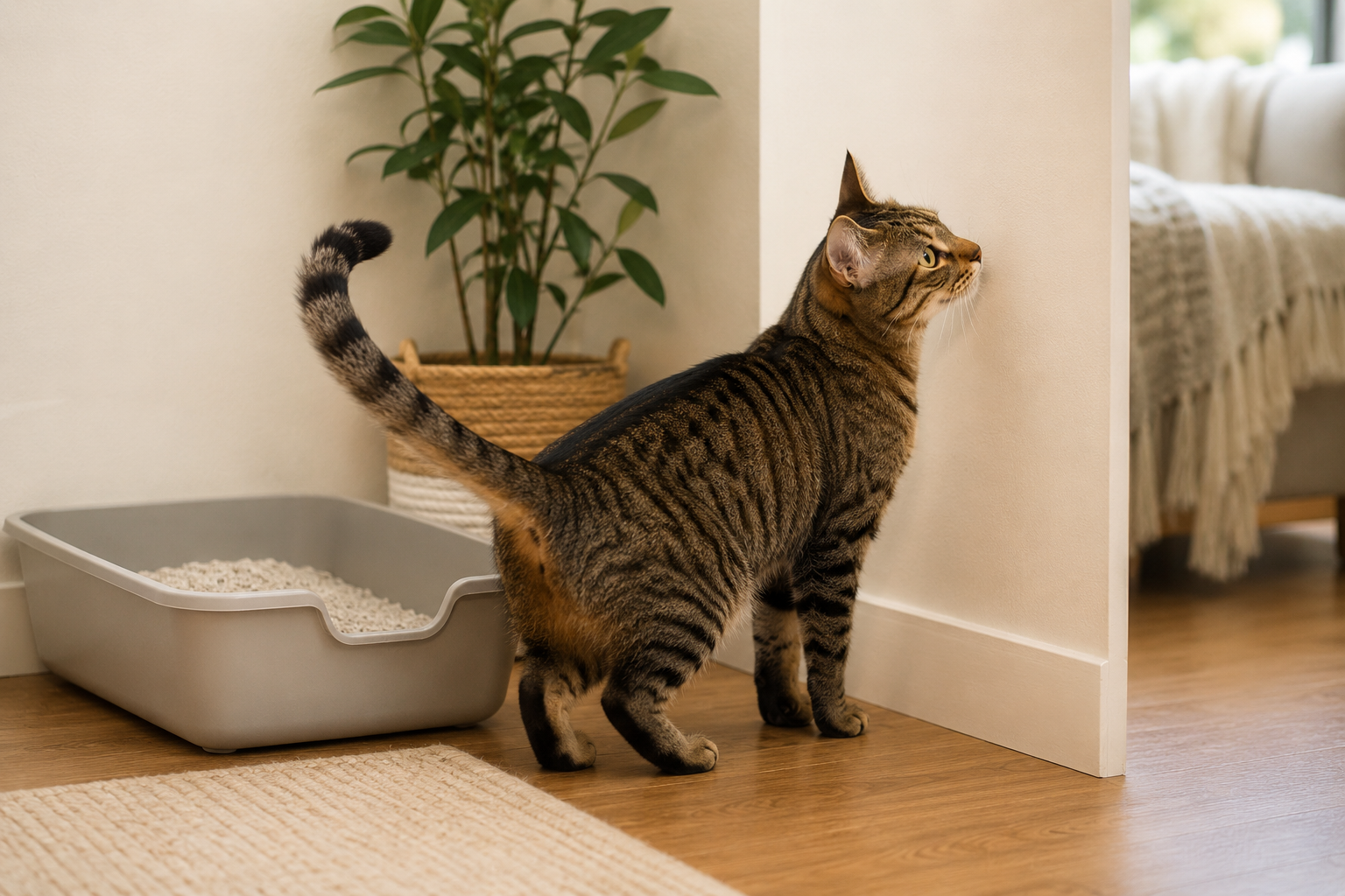 cat next to litter box smelling wall