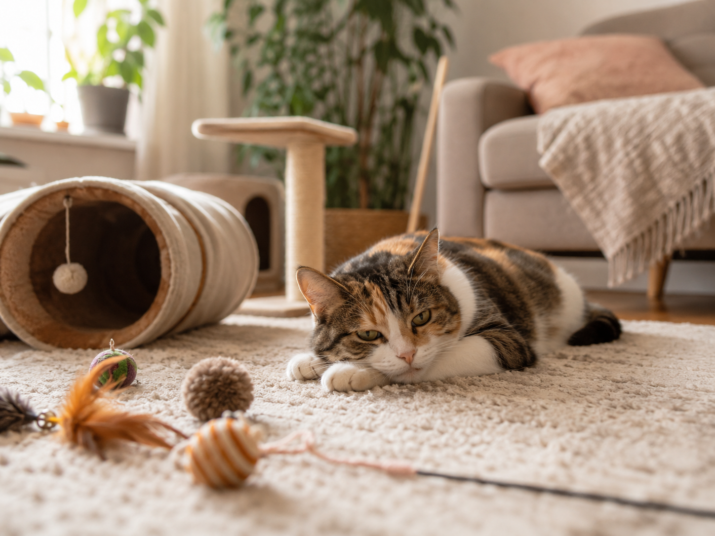 bored cat with toys